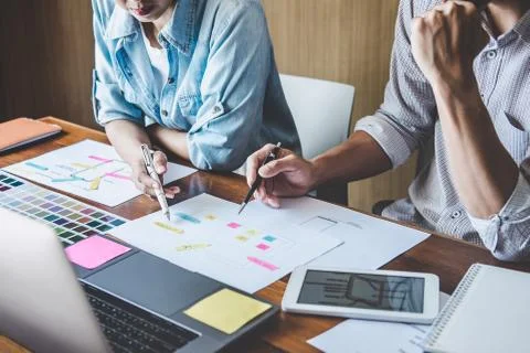 Team of Creative Web/Graphic Designer planning, drawing website ux app for mo Stock Photos