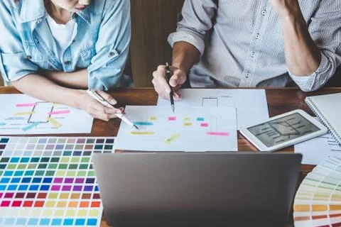 Team of Creative Web/Graphic Designer planning, drawing website ux app for mo Stock Photos