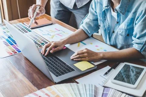 Team of Creative Web/Graphic Designer planning, drawing website ux app for mo Stock Photos