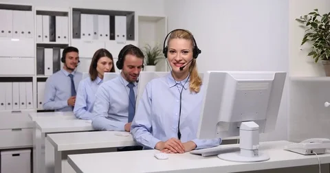 Team of Customer Service Representatives Call Center Happy Agent Showing Ok Sign Stock Footage 80255714
