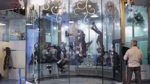 Team dance inside fly station. Simulator skydiving. Contest. Audience. Challenge Stock Footage 67557935