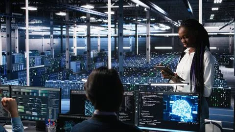 Team of data center developers doing brainstorming, monitoring neural network AI 写真素材