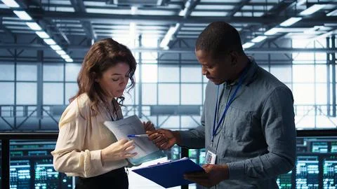 Team of data center supervisors reading paperwork files Foto stock