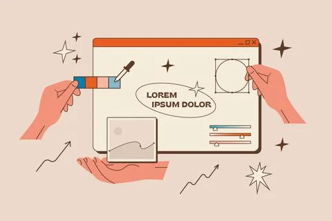 Team of designers illustrators working on project. Art studio teamwork process Illustrazione stock