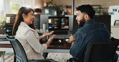 Team, developer and coding training on computer screen in office for testing web Stock Photos