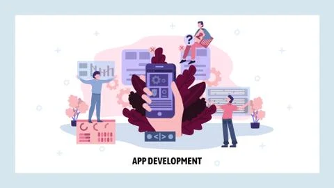 Team of developers create mobile phone application. Business app development Stock Illustration