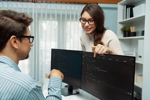 Team developers program thinking newest coding creative website. Postulate. Stockfoto's