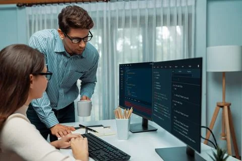 Team developers program thinking newest coding creative website. Postulate. Stock Photos