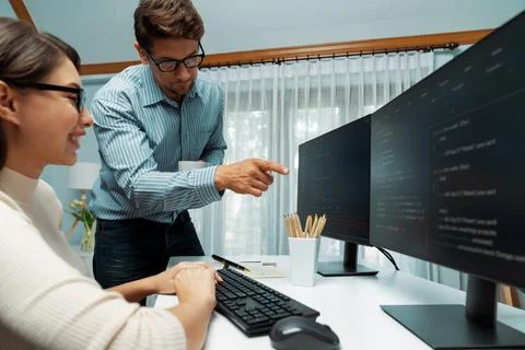 Team developers program thinking newest coding creative website. Postulate. Stock Photos