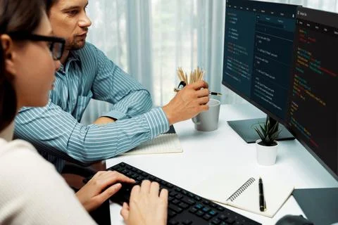 Team developers program thinking newest coding creative website. Postulate. Stockfoto's