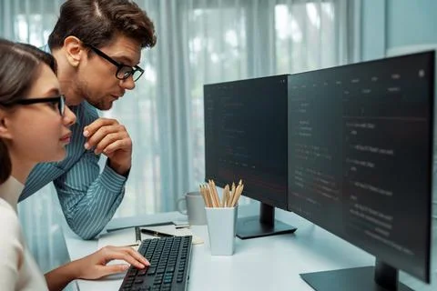 Team developers program thinking newest coding creative website. Postulate. Stock Photos