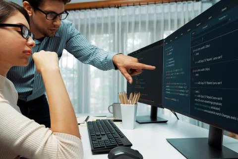 Team developers program thinking newest coding creative website. Postulate. 库存照片