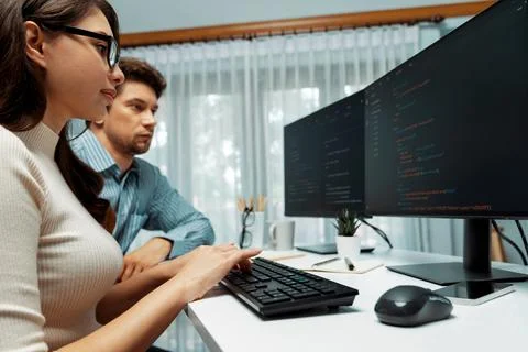 Team developers program thinking newest coding creative website. Postulate. 库存照片