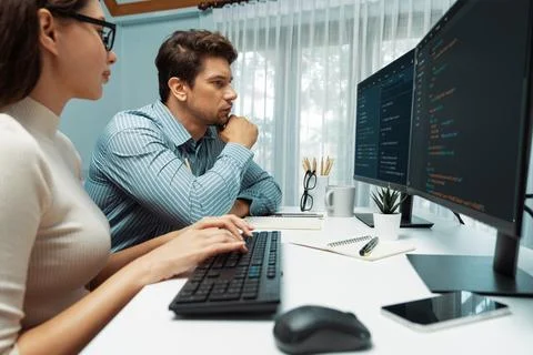 Team developers program thinking newest coding creative website. Postulate. 库存照片