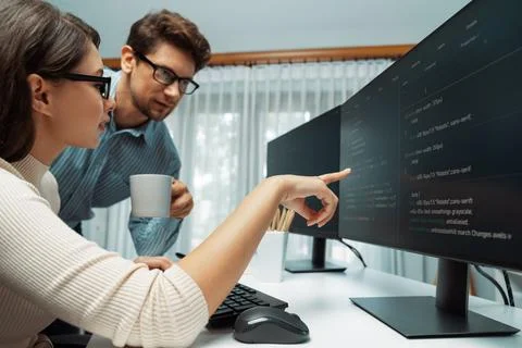 Team developers program thinking newest coding creative website. Postulate. 库存照片