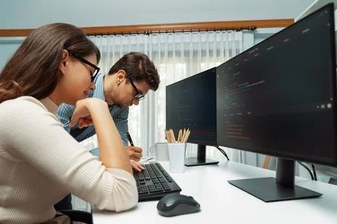 Team developers program thinking newest coding creative website. Postulate. Stock Photos