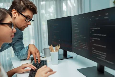 Team developers program thinking newest coding creative website. Postulate. Stock Photos