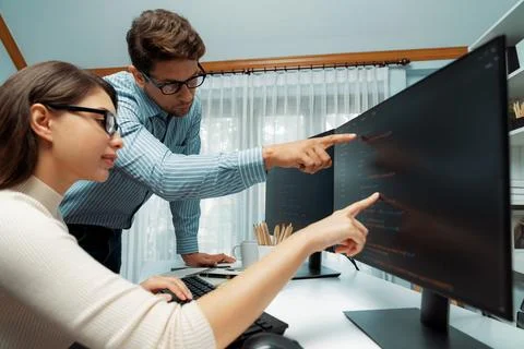 Team developers program thinking newest coding creative website. Postulate. Stock-Fotos