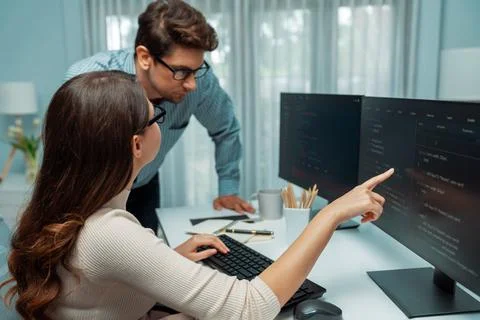 Team developers program thinking newest coding creative website. Postulate. Stock Photos