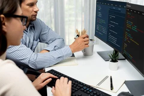 Team developers program thinking newest coding creative website. Postulate. Stock Photos