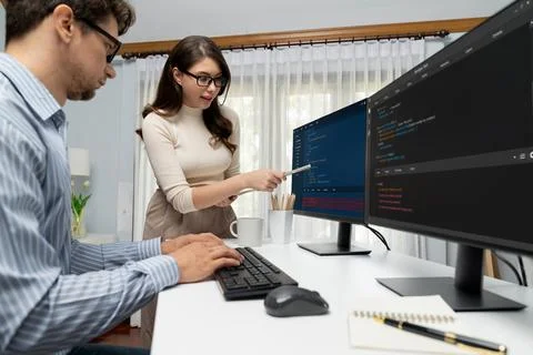 Team developers program thinking newest coding creative website. Postulate. 库存照片