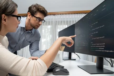 Team developers program thinking newest coding creative website. Postulate. Stockfoto's