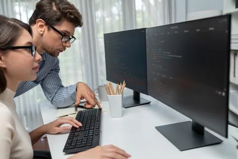 Team developers program thinking newest coding creative website. Postulate. Stock Photos