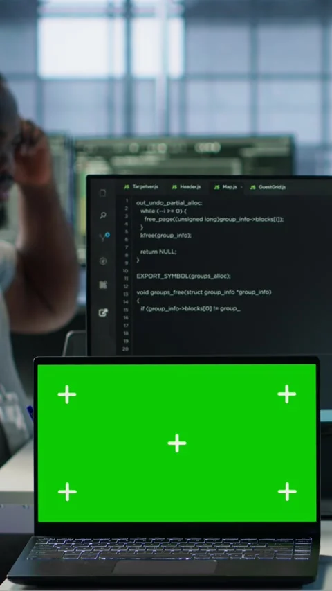 Team of developers in server hub using green screen laptop Stock Footage 319546570