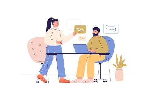 Team developers web concept with people scene. Man and woman creating softw.. Stock Illustration