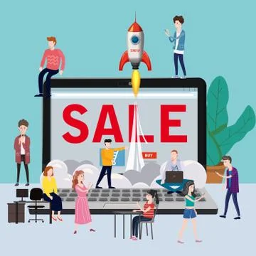 A team of developers working on an online project, starting up, online store Stock Illustration