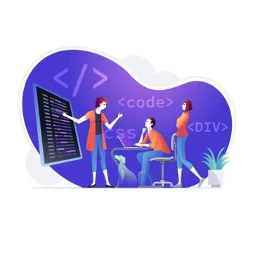 Team is developing coding at the workshop. Stock Illustration