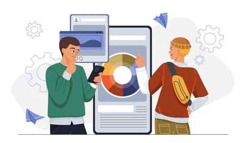 Team developing mobile app. Two men near smartphone with palette of colors Stock Illustration