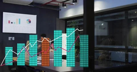 Team discussing data in meeting scrolling laptop activating bar line charts Stock Footage 327965786