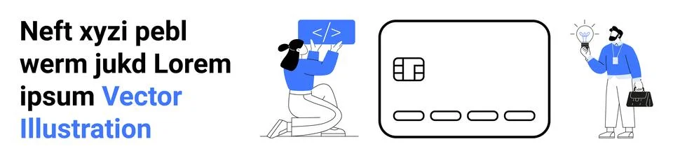 Team discussing digital solutions with a coding screen and credit card symbol Stock Illustration