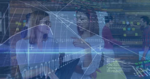 Team discussing ideas in tech office, with digital graphs binary code and sticky Stock Footage 308570586