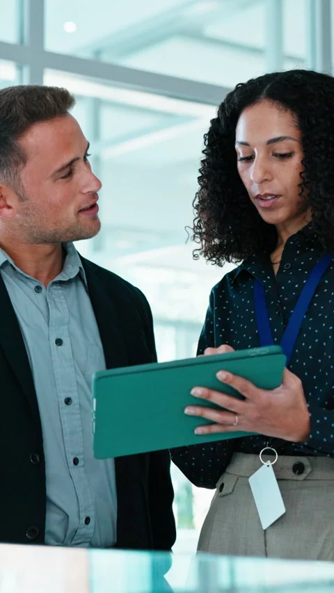 Team, discussion and people with tablet in business, insurance advisor and Stock Footage 341579856