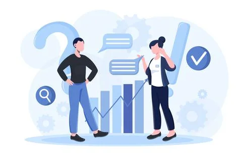 Team discussion with data analysis chart. Vector illustration Illustrazione stock