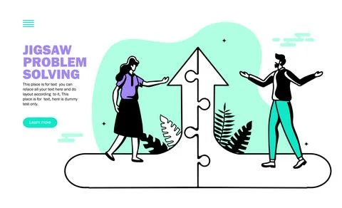 Team discussion on growth path upside created with jigsaw puzzle vector Stock-Illustration