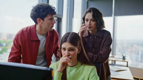 Team dissatisfied work fail looking computer checking project in office closeup Stock Footage 319765855