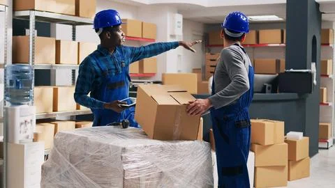 Team of diverse men looking at boxes of products Stock-Fotos