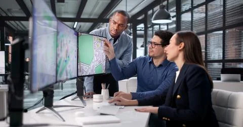 Team Of Diverse Professionals Using GIS To Map Real Estate Projects. Fotos de archivo
