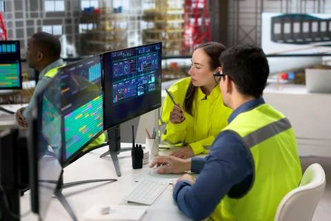 Team Of Diverse Technicians Using Industrial SCADA Software In Factory Stock Photos