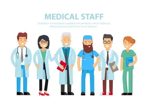Team of doctors, nurses and other hospital workers stand together. Vector people Stock Illustration