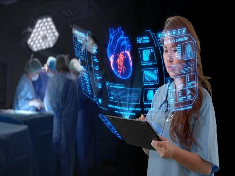 Team of doctors performing heart surgery using futuristic equipment Vidéo 76917639