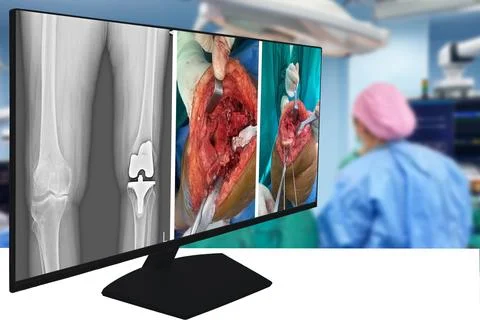 A team of doctors performs total knee replacement surgery in osteoarthritis.. Stock Photos