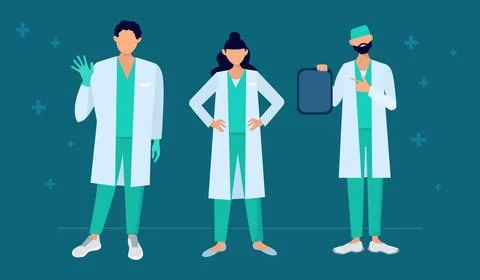 Team of doctors in professional clothes vector illustration and pack Stock Illustration