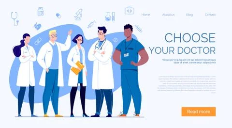 A team of doctors on a template for a website or landing page. Illustrazione stock