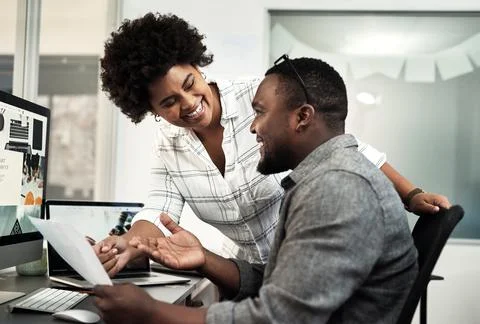 Team, documents and computer with business people in office for web designer Stock Photos