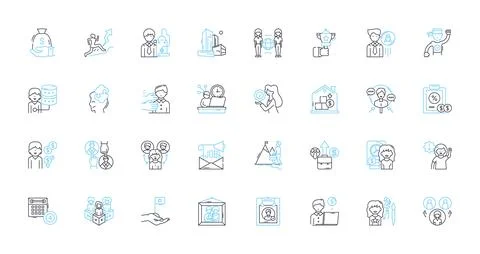 Team Dynamics linear icons set. Collaboration, Communication, Cohesion, Synergy Stock Illustration