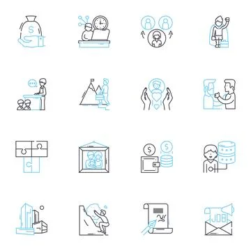 Team Dynamics linear icons set. Collaboration, Communication, Cohesion, Synergy Stock Illustration